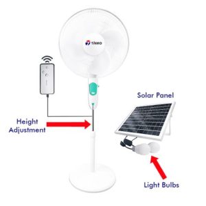 18 Inches Rechargeable Solar Standing Fan + 12 Months Warranty + Solar Panel & 2 Bulbs white