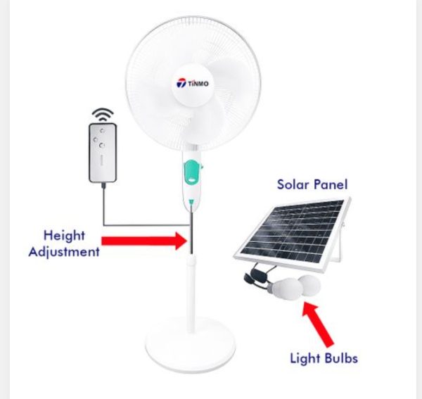 18 Inches Rechargeable Solar Standing Fan + 12 Months Warranty + Solar Panel & 2 Bulbs white